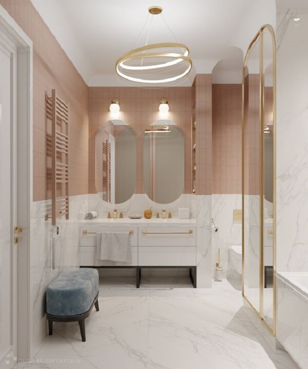 Porta de madeira para banheiro branco e dourado luxuoso