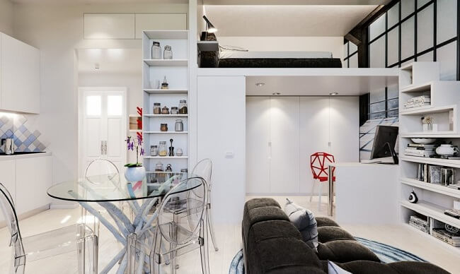 Apartamento studio decorado com móveis brancos. Fonte: Decoist