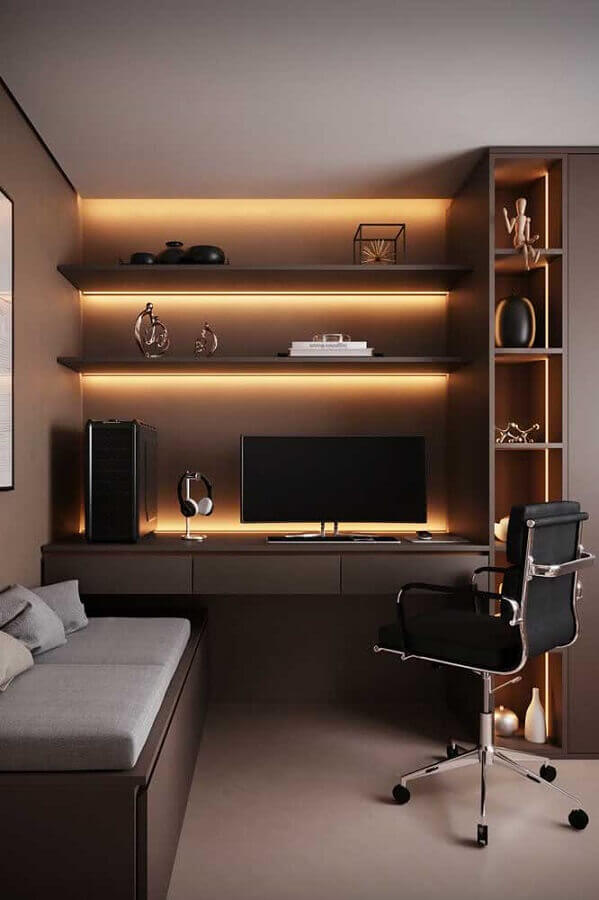 Móveis planejados para home office moderno decorado com fita de LED Foto Decor Fácil