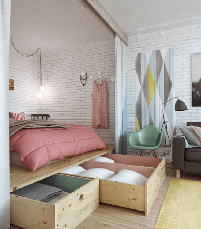 Os móveis planejados devem fazer parte da decoração apartamento studio. Fonte: Decor Fácil