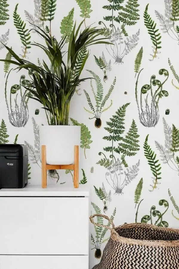 Papel de parede folhagem tropical com diversas espécies de plantas. Fonte: Home Decor