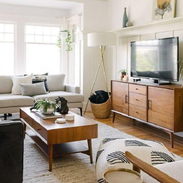 Rack minimalista de madeira para sala de estar moderna