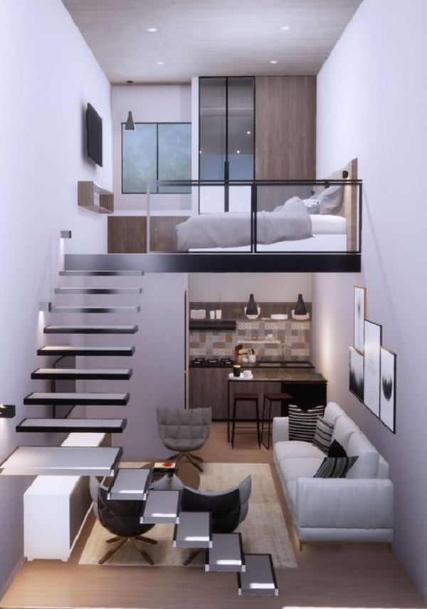 Apartamento pequeno com cama no alto