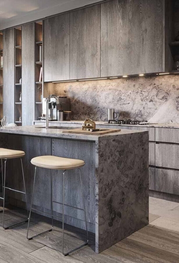 Pedra de quartzo cinza textura na cozinha moderna Foto Decor Fácil
