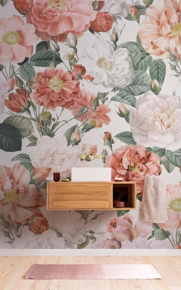 Papel de parede de flores para banheiro moderno