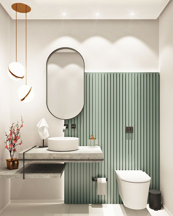 Banheiro decorado com sanca com led e pendentes modernos