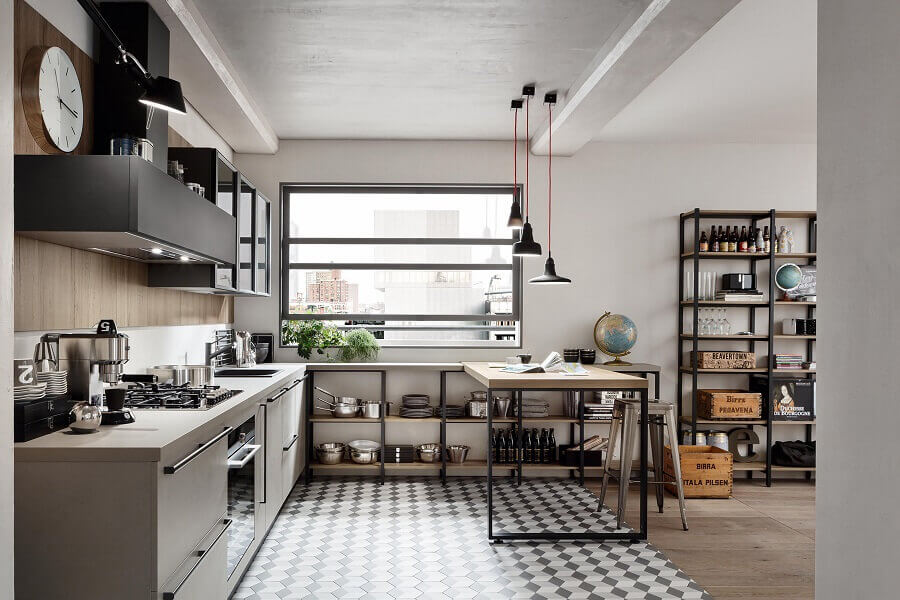 Banqueta Iron prata sem encosto para decoração de cozinha estilo industrial Foto Essência Móveis