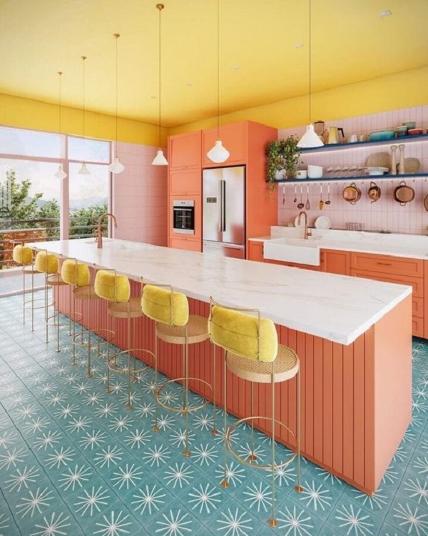 Cozinha colorida com cuba de semi encaixe branca