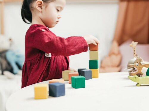 Criança brincando com peças de montar em cantinho de brinquedos Foto Pexels