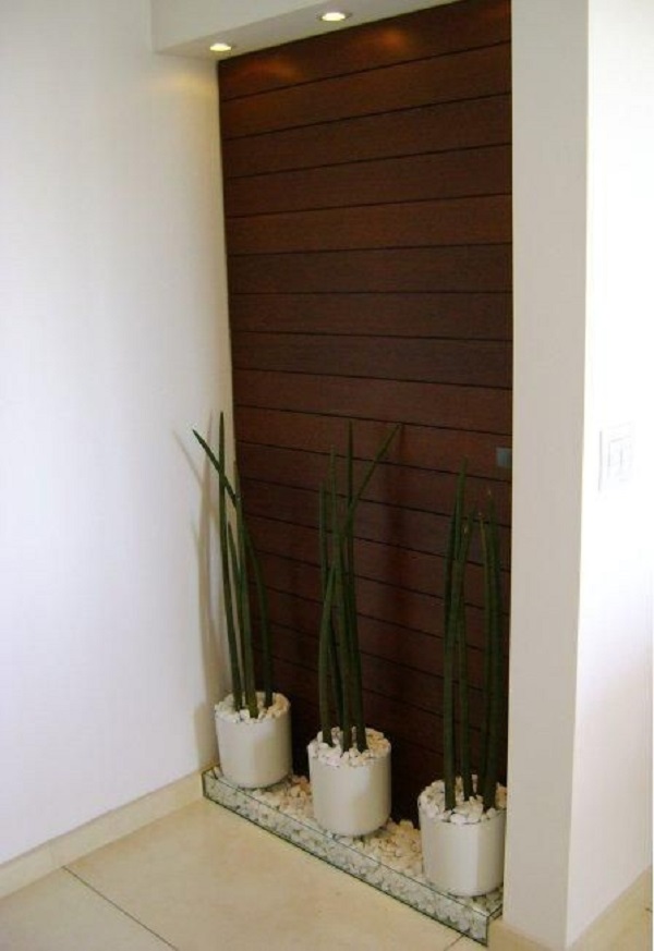 Hall de entrada com painel de madeira e vasos de plantas