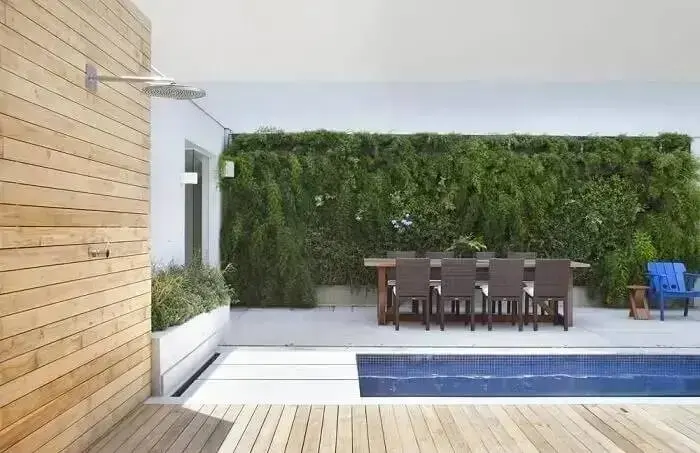 Jardim vertical artificial externo e piscina grande para área externa. Fonte: Migs Arquitetura