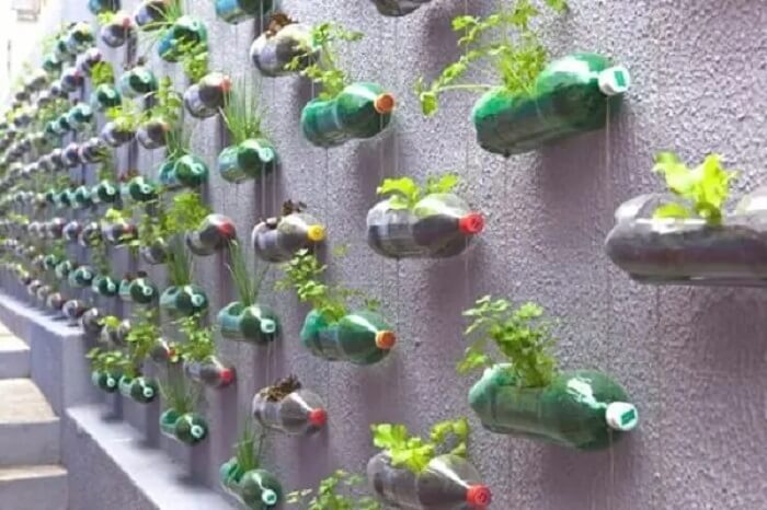 Muro chapiscado decorado com jardim vertical externo feito com garrafas PET e plantas. Fonte: Street Art Utopia