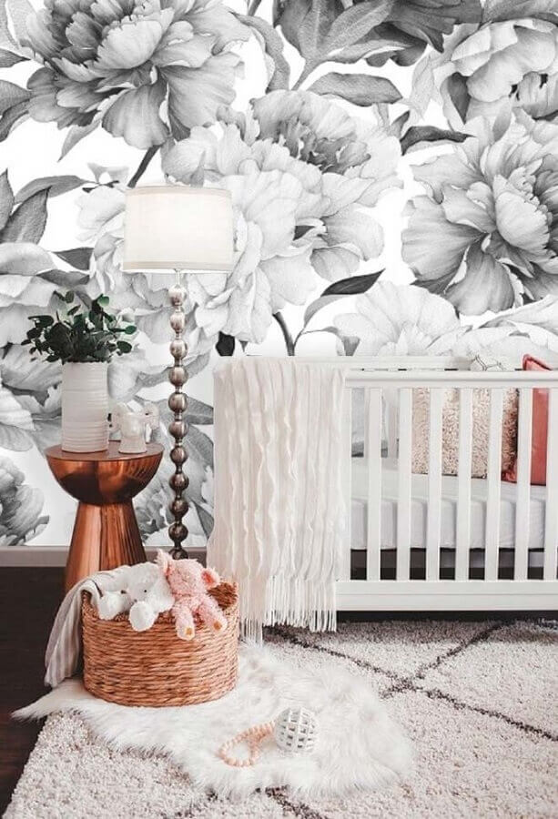 Papel de parede floral cinza para decoração de quartinho de bebê moderno Foto Decor Fácil