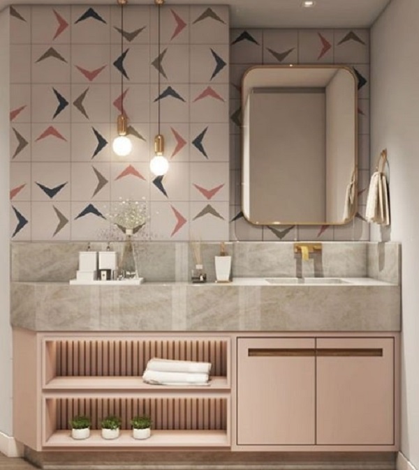 Pia de banheiro de mármore cinza com gabinete rosa claro