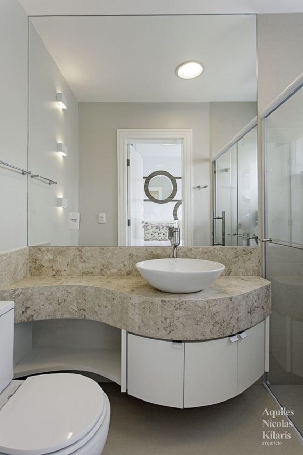Pia de banheiro de mármore com cuba de apoio branca