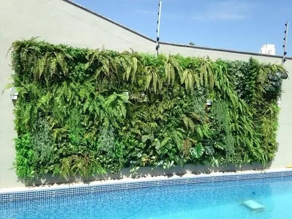 A parede de plantas decora a área da piscina