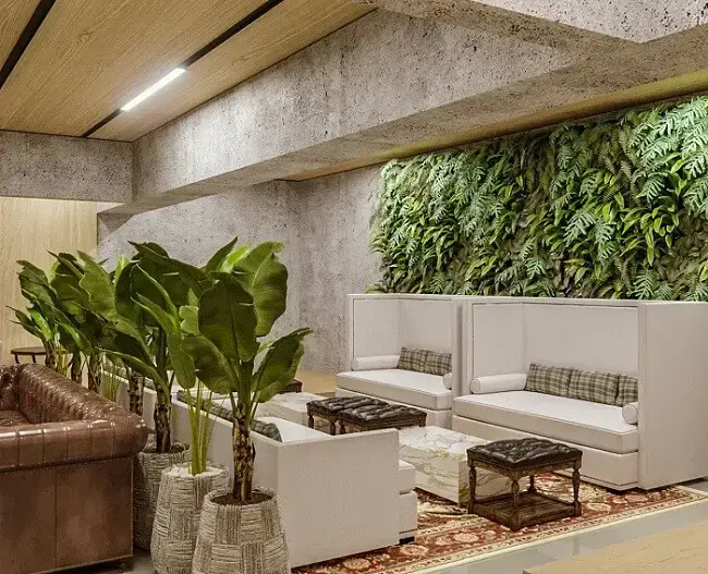 Ambiente com sofá de couro e planta de parede