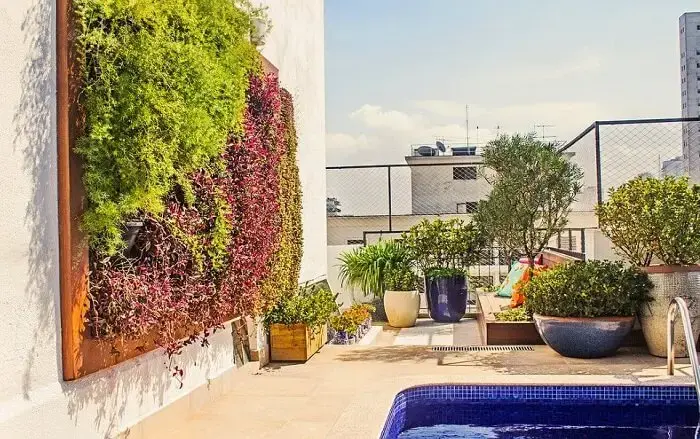 Área de lazer confortável com piscina e parede de plantas