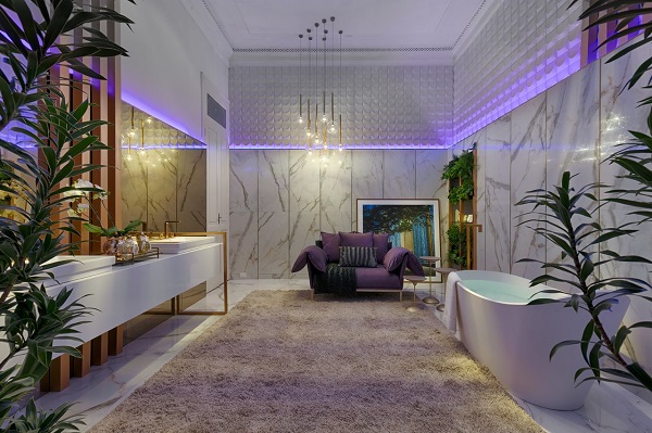 Banheiro moderno decorado com cores que combinam com roxo 