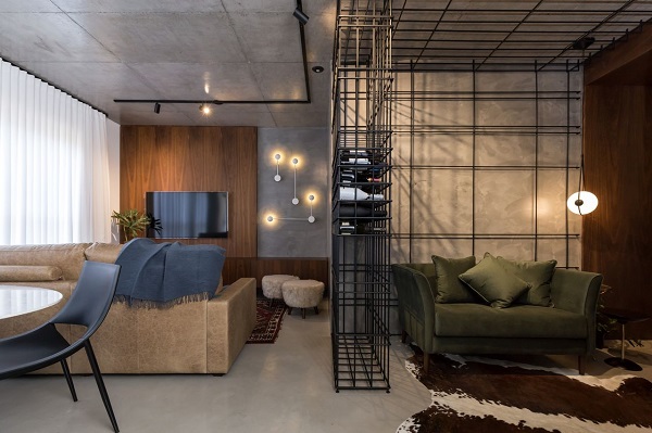 Cores que combinam com verde para sala de estar estilo industrial