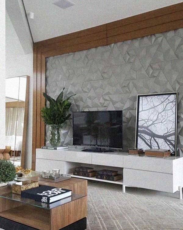 Painel de gesso para sala de tv com formas triangulares