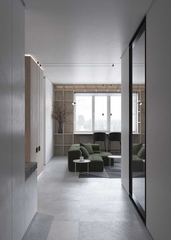 Porcelanato para sala de estar cinza com sofá verde