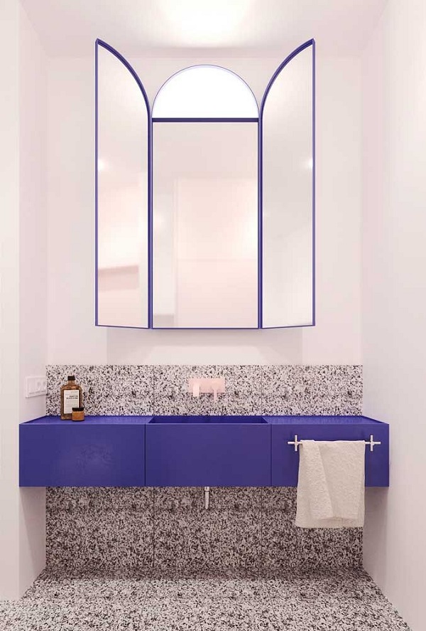 Bancada de corian azul para banheiro moderno