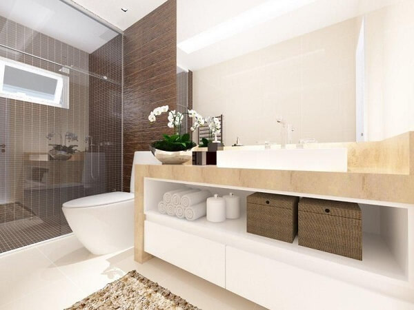 Bancada de mármore para decorar banheiro bege branco e marrom