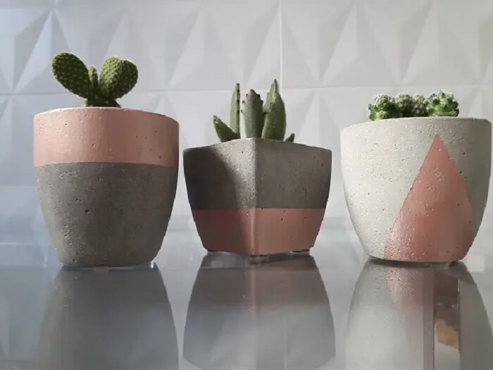 Arranjos de suculentas em vaso de cimento com cores e formatos diferentes