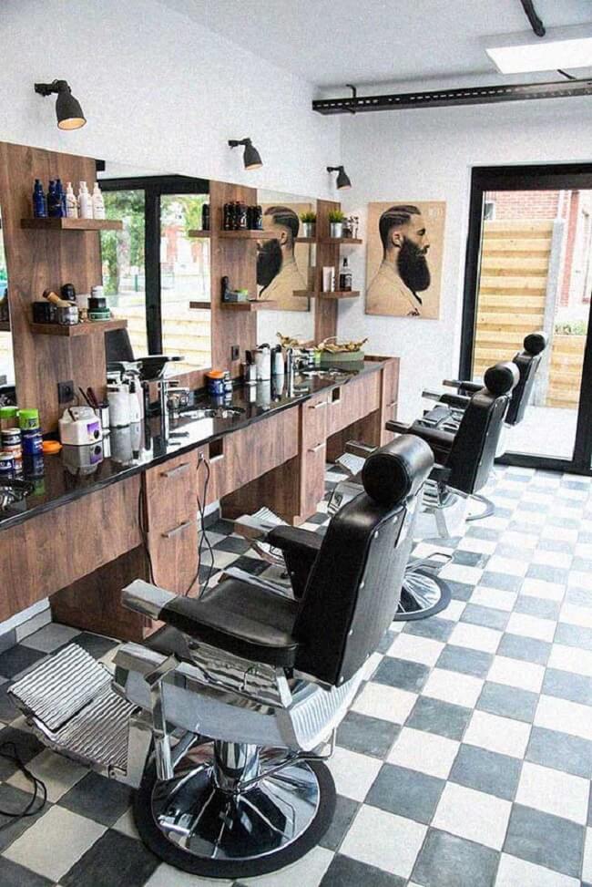 Ideias para barbearia retrô com piso xadrez