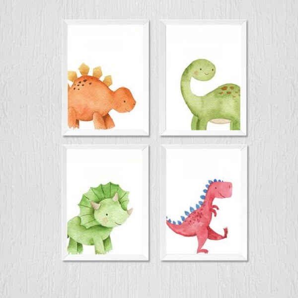 Quadro aquarela infantil para quarto de bebê de dinossauro