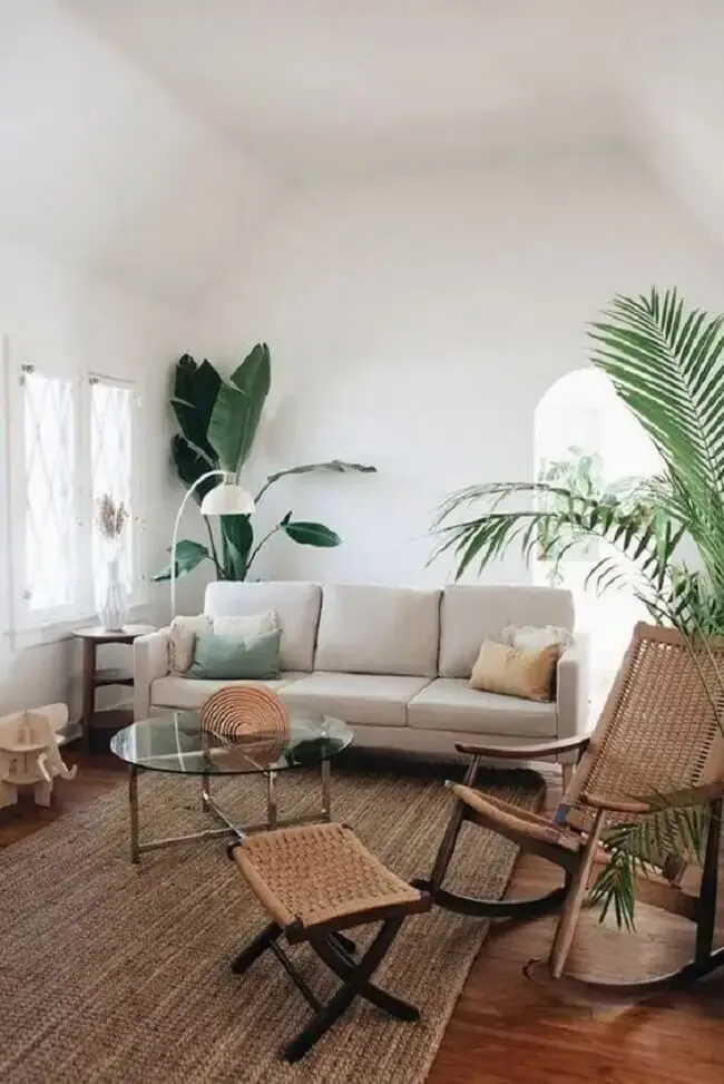 Vasos de plantas e sofá minimalista decoram a sala