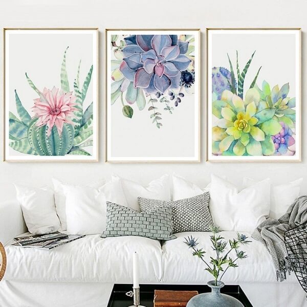 Quadro aquarela de flores e suculentas para sala de estar