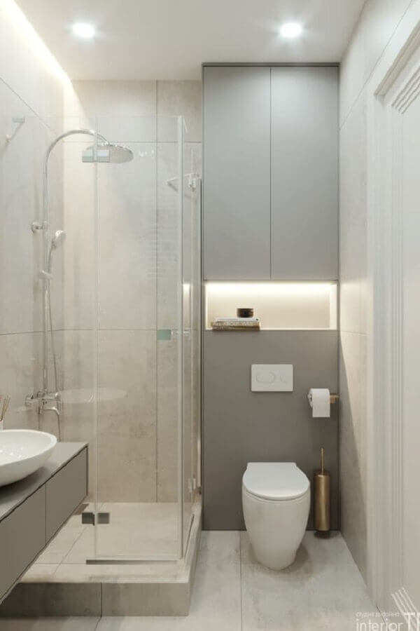 iluminação de LED para banheiro pequeno com nicho embutido com decoração clean