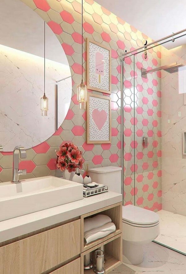 Projeto de banheiro feminino em detalhes rosa