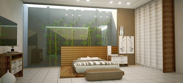 Projeto de quarto com bambu mosso e cama oriental casal