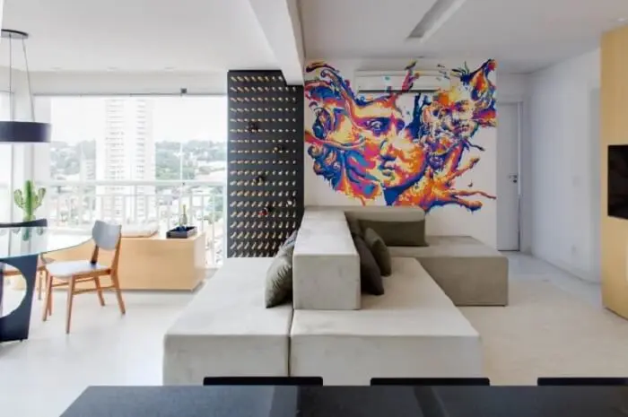 Apartamento decorado com sofá ilha