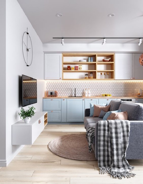 Cozinha integrada com sala de estar e itens de decoração para sala confortável