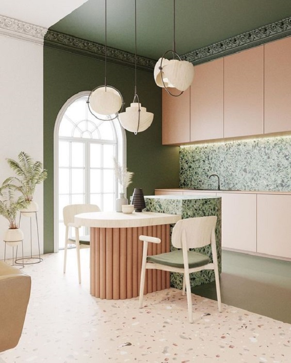 Pintura setorizada com armário de cozinha suspenso colorido verde e rosa